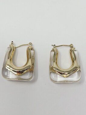 Gold Tone & Clear Acrylic Hoop Earrings Chunky Modern Minimalist